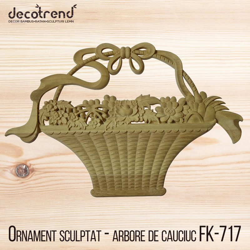 Ornament sculptat din arbore de cauciuc FK-717 1 Ornament din lemn cosulet cu flori si funda decoratiune din lemn FK-717